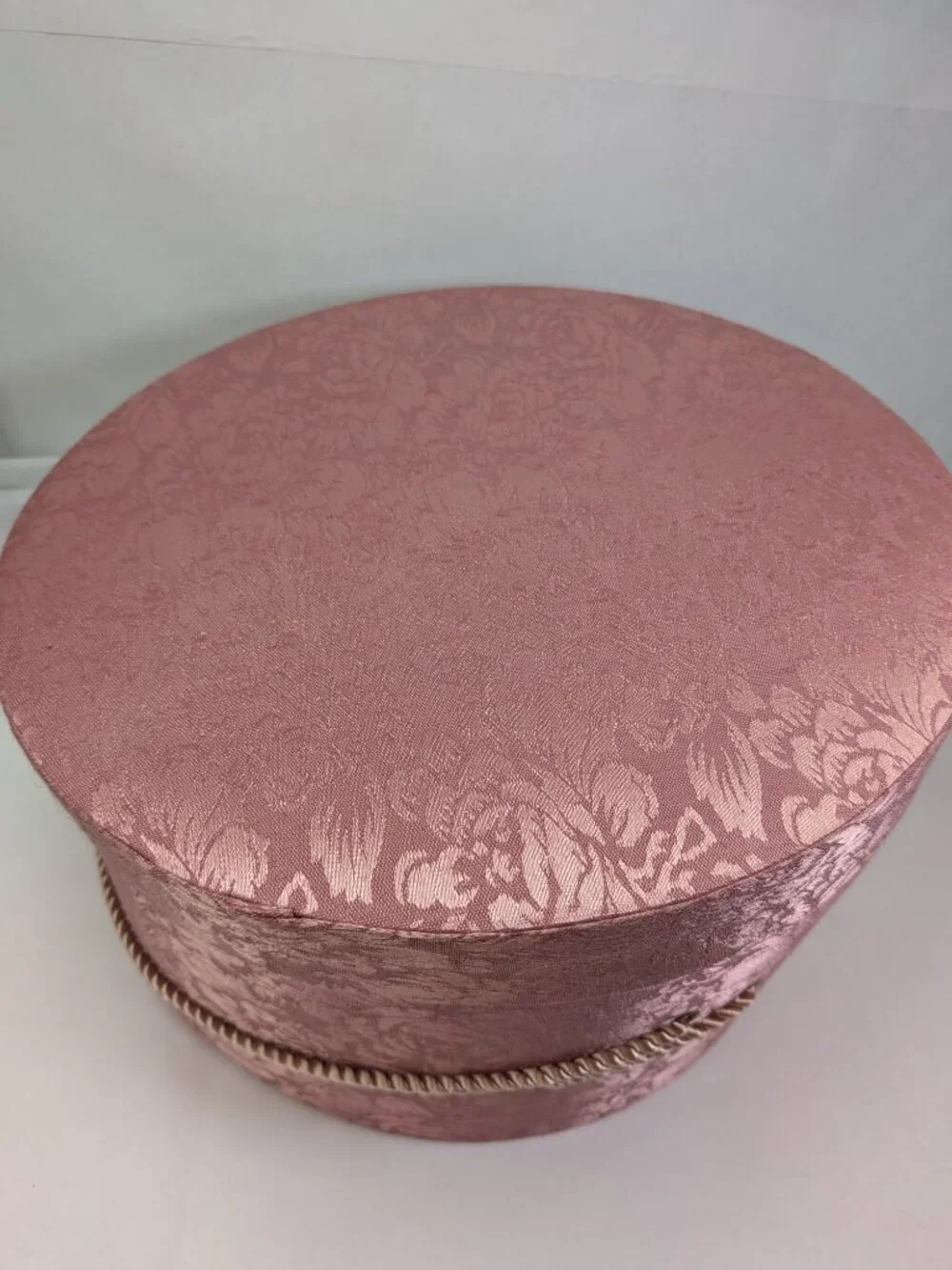 VTG Floral Damask Fabric Round Hat Boxes Set Navy Blue Bright Floral Rose Pink